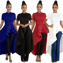 Новые модные передние короткие Post длина волна Короткие рукава блуза «ласточкин хвост» для женщин с круглым вырезом рюшами Лоскутные Топы