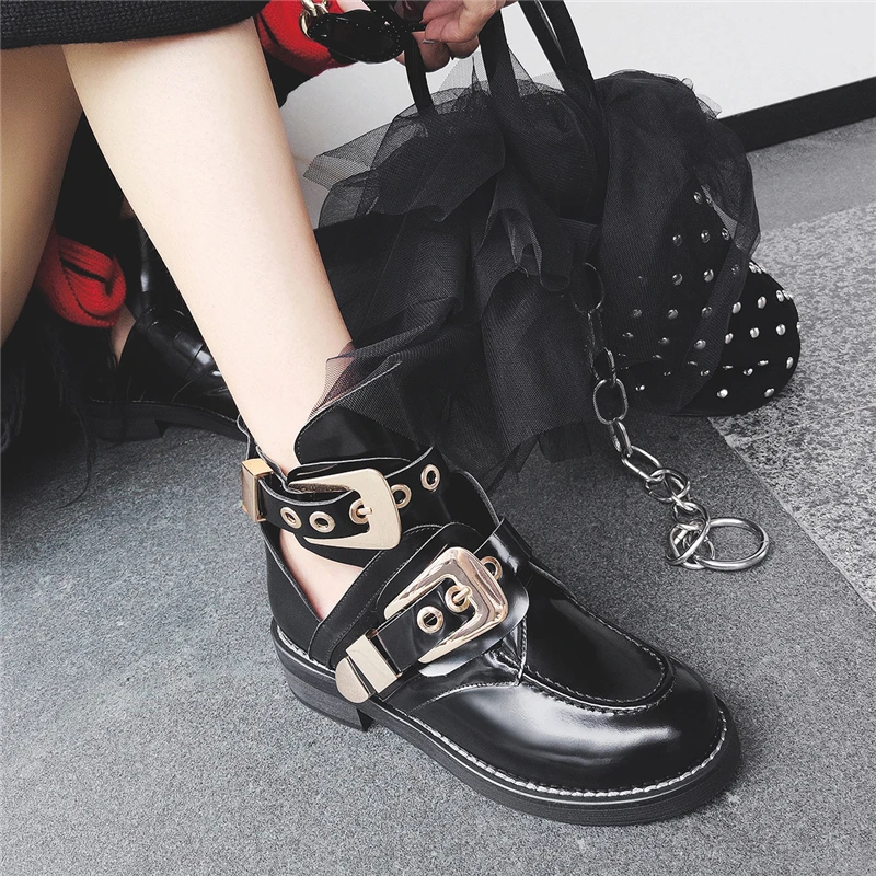 Stylesowner/пикантные женские ботильоны в байкерском стиле; ботинки из натуральной кожи с большой металлической пряжкой; короткие ботинки на массивном каблуке; botas Mujer; шикарные