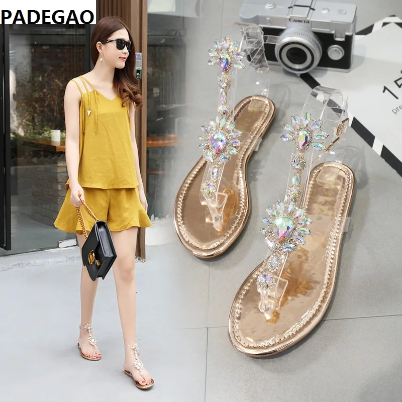 

2019 shoes woman sandals women Rhinestones Chains Flat Sandals Thong Crystal Flip Flops sandals gladiator sandals 43 free ship