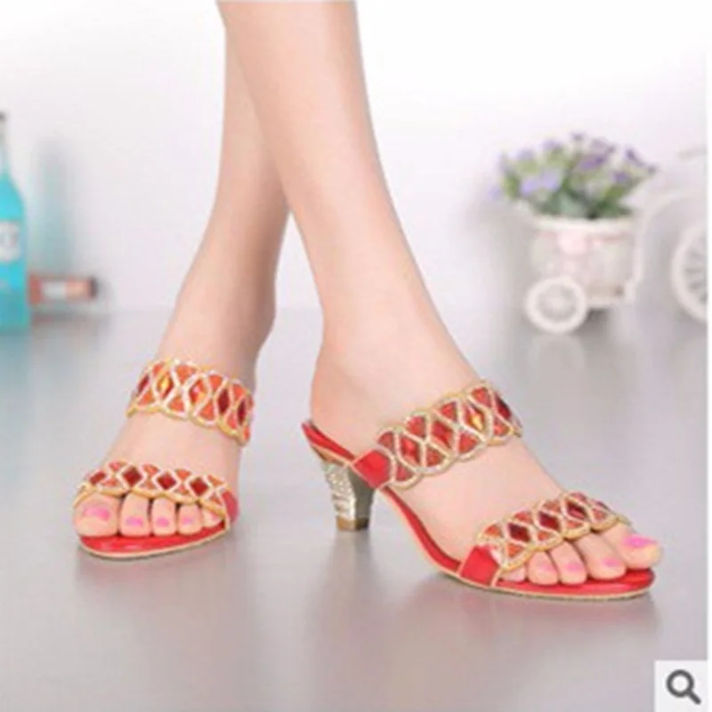 

Ladies Sexy Bow Rhinestone Full genuine leather peep open toe big size(4-13)thick Wedges high heeled women sandals Slipper girls