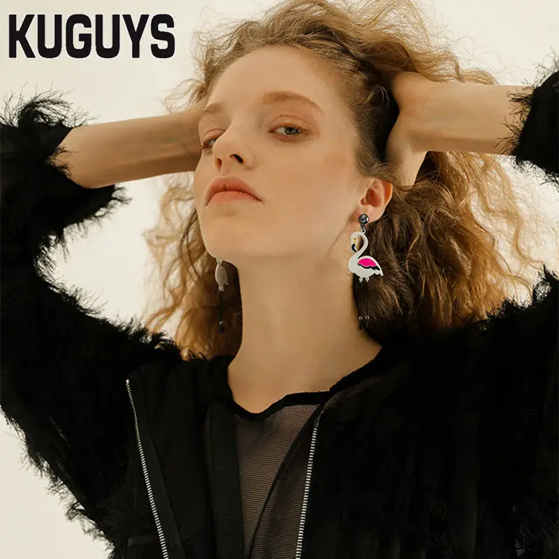 

KUGUYS Fashion Acrylic Jewelry Custom Womens Holiday Style Flamingos Drop Earrings Long Tassel Dangle Earring Girl's Gift