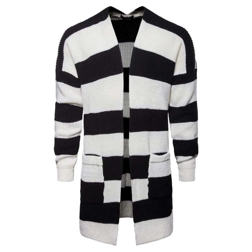 Black white striped men sweater coat long sleeve pocket