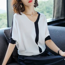 Новинка, свободная футболка большого размера, плюс удобрение для увеличения, летняя Тонкая шелковая кофта с коротким рукавом