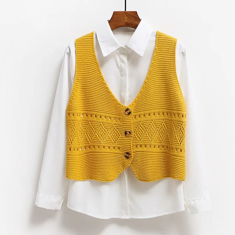 Asymmetric Floral Crochet Knitted Vest V-Neck Autumn Women Retro Sleeveless Cardigan Ladies Hollow Out Knit Waistcoat