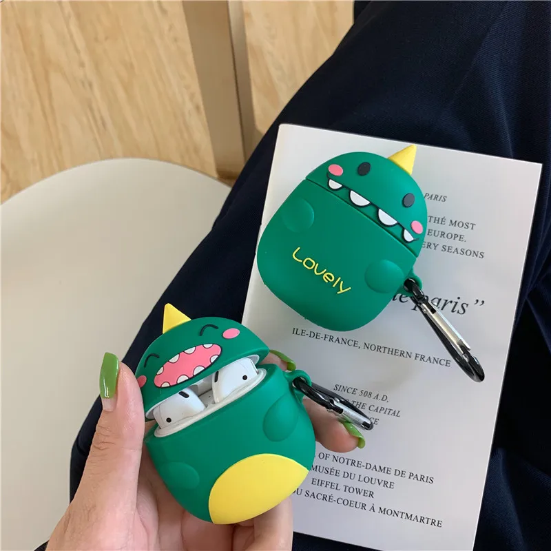 

Cute Green Dinosaur Headphone Cases For Apple Wireless Bluetooth Headset Airpods 1 2 Silicone Shockproof Earphone Cover