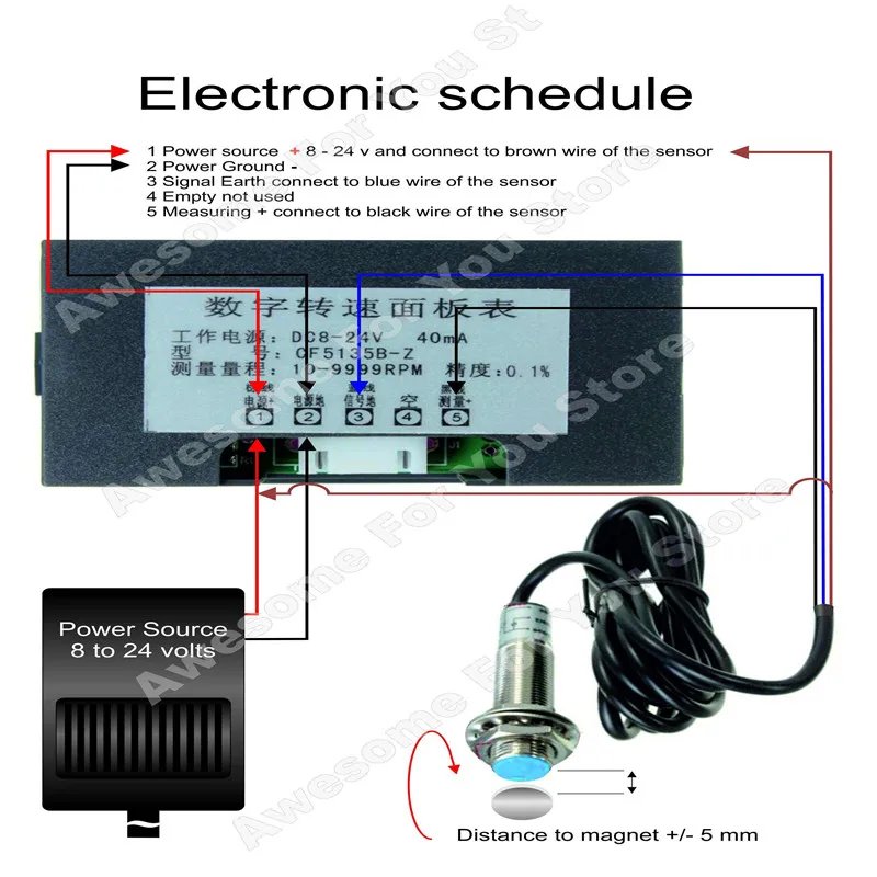 NPN Hall Proximity Switch Sensor 4 Digital Blue LED Tachometer RPM Speed Meter