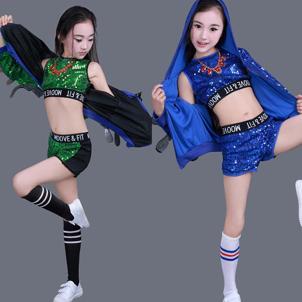 3 pieces Children Jazz Dance Costumes Girls Street Dance Sequined Party Show Clothes Modern Child hip hop Stage wear Outfits