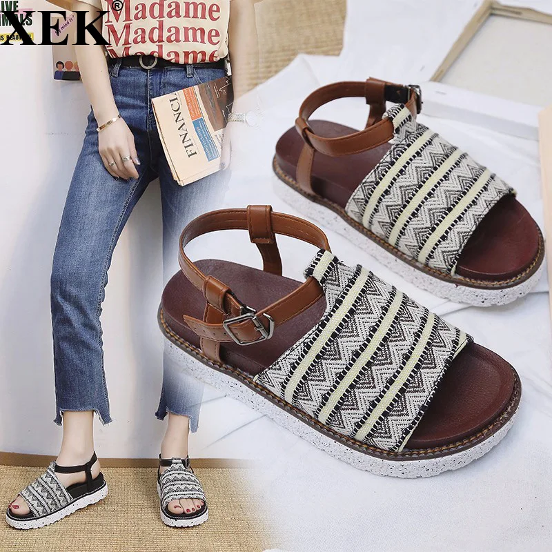 XEK de verano zapatos de mujer 2018 de moda Casual sandalias romanas de fondo grueso zapato de gladiador para mujer Sandalias planas Sapato femenino JH251 - AliExpress