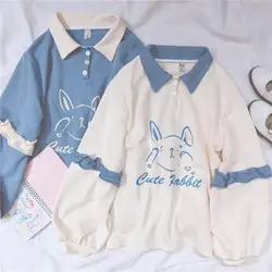 2019 новые весенние японский женский kawaii Кролик печати рукав пуловер Harajuku Свободные длинными рукавами женщин Толстовка Топ