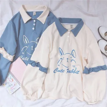 

Soft Girls Cute Rabbit Female Hoodies Japanese Kawaii Bunny Graphic Vintage Women Sweatshirt Kpop Long Sleeve Ruffle Clothes