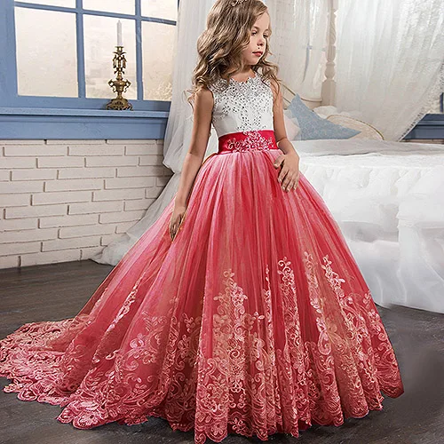 Платье с бантом для девочек платье для девочек с цветочным принтом украшенное бисером бальное платье с аппликацией на шнуровке платье для первого причастия платье для девочек Vestidos Longo - Цвет: Red 1
