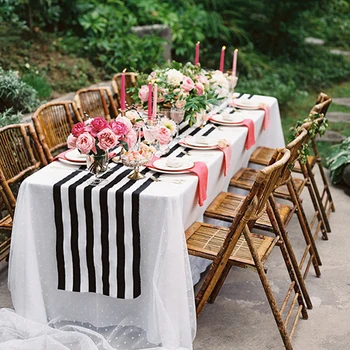 

11" x 98" Black White Striped Table Runner For Wedding Table Decor 28cm x 250cm