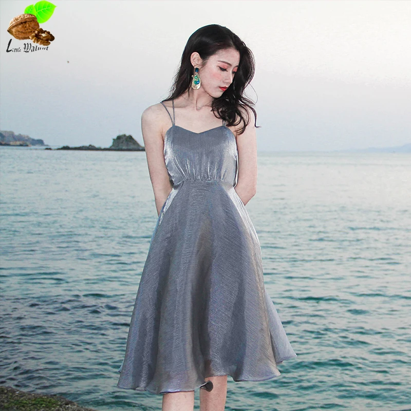 Women Europe Fashion Sweet Sexy Back Dresses Beach Holiday Halter Strap Lotus Leaf Side Bohemian Gray Cute Dress for Girls