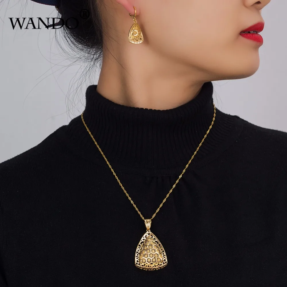 WANDO 24k модное колье золотого цвета женское ожерелье серьги набор золотой Эфиопией ювелирные изделия из нержавеющей стали для женщин WS1