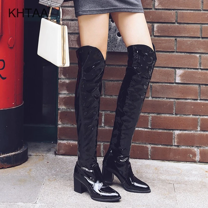 

Women's Plus Size Over The Knee Boots High Heels Slip On Patent Leather Ladies Shoes Platform 2018 Sexy Snake Female Footwear