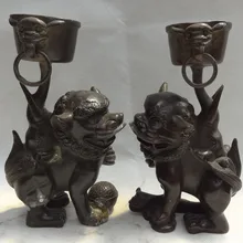 Bi002373 " Китайский Бронзовый Богатство Foo Фу Собака Лев Статуя До Палки Свечи, Чашки Держатель Пара