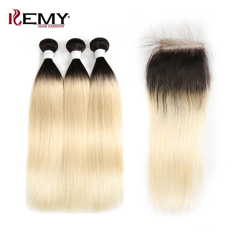 

1B/613 Ombre Blonde Human Hair Bundles With Closure 4*4 KEMY HAIR Brazilian Straight Hair Weave Bundle Non Remy Hair 3PCS