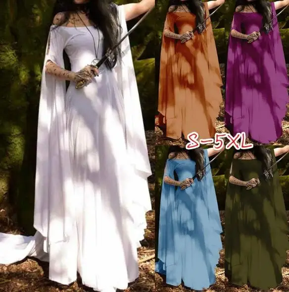 

2018 New Renaissance Medieval Costume Womens Off the Shoulder sexy Classic Long Chemise Ruffle Tiered Dress Over size Plus 5xl