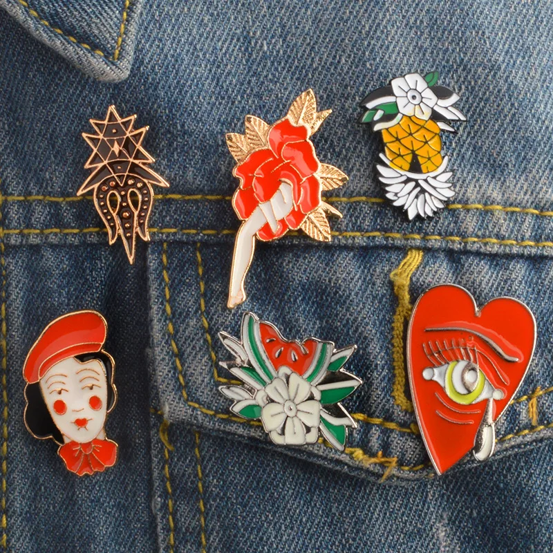 

Red Flower Hat Pineapple Watermelon Heart Eyes Tear Girl Enamel Pin Brooches for Women Bag Clothes Badges Button Lapel Pin Girl