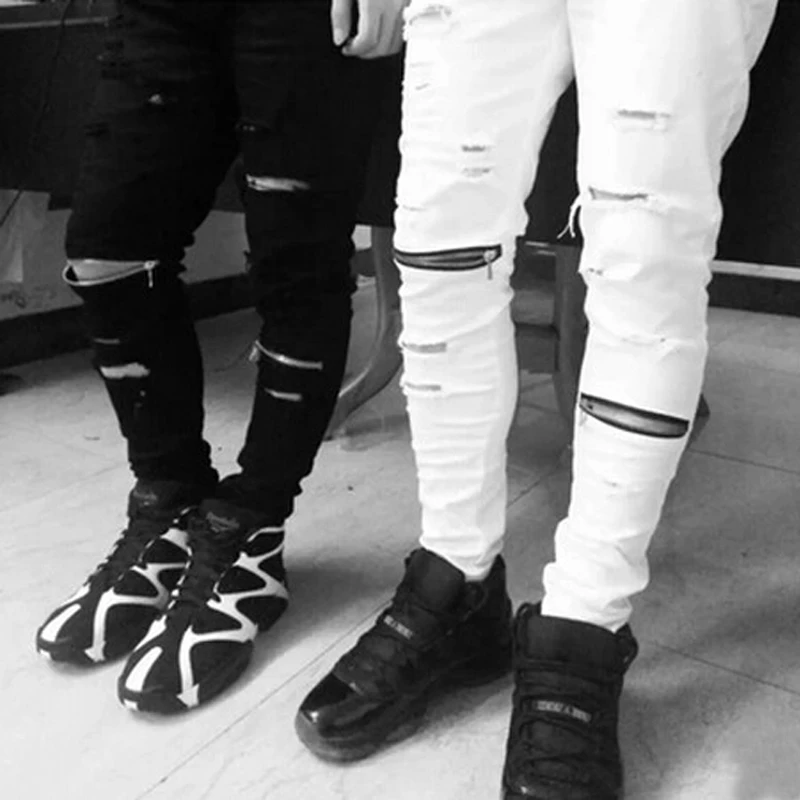 New Men Jeans Men's Ripped Biker Jeans Distressed Skinny Jeans For Male Jogger Pants With Knee Zipper White Black