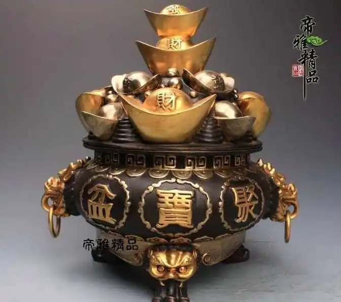 

Chinese Copper 24K Gold Gild Yuanbao Dragon Treasure bowl Incense Burner Censer