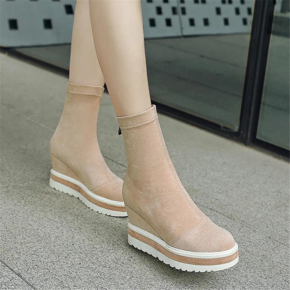 RIBETRINI Brand New women's Genuine Leather Ladies Wedges High Heels Platform Shoes Woman Casual Soft Autumn Ankle Boots