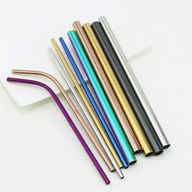 8pcs Reusable Colorful Stainless Steel Drinking Straw High Quality Straight Bent Metal Straw with Cleaning Brush and Storage Bag