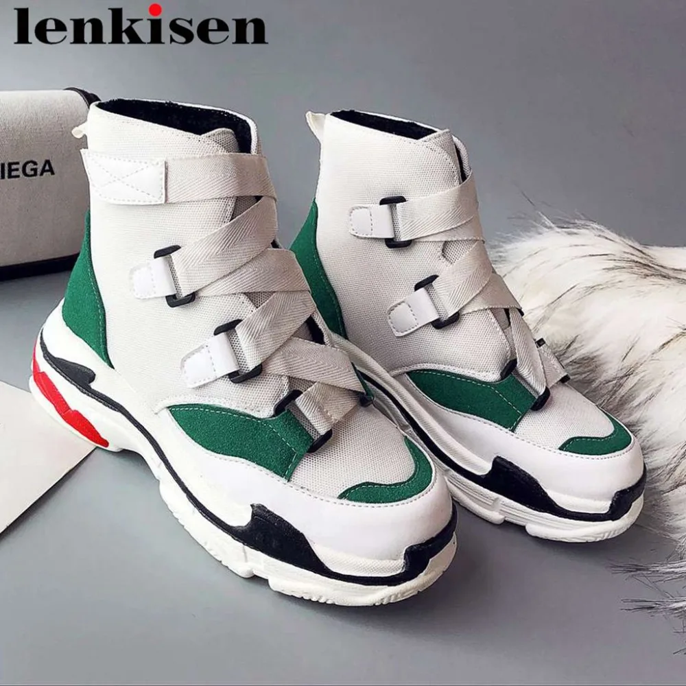 

Lenkisen mixed colors med thick bottom platform round toe hook&loop design cowboy simple large size pu mesh mid-calf boots L27