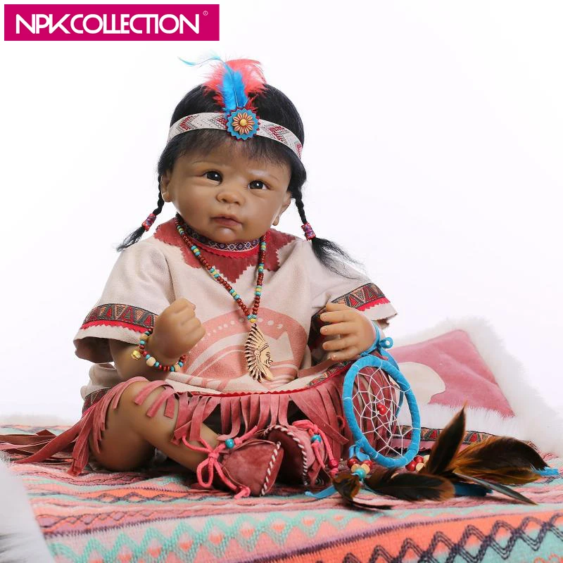 

NPK 22 Inch Indian Style Vinyl Silicone Reborn Baby Doll Chocolate Skin Boneca Birthday Gift African American Baby Girl Toy Doll