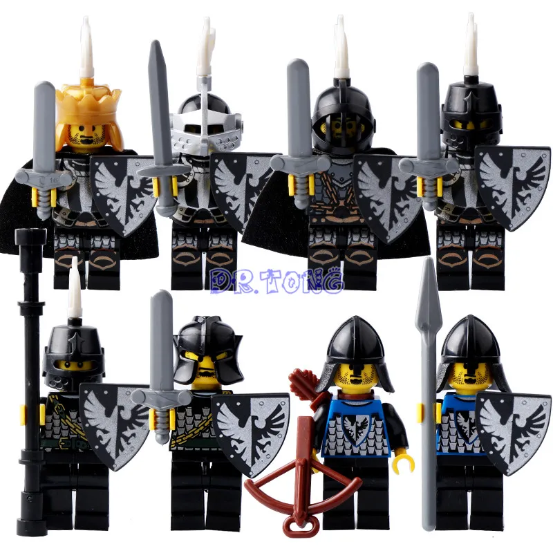 DR TONG Building Blocks Medieval Castle Shadow Knight Black King Knight Heavy Shield with Weapons Figures