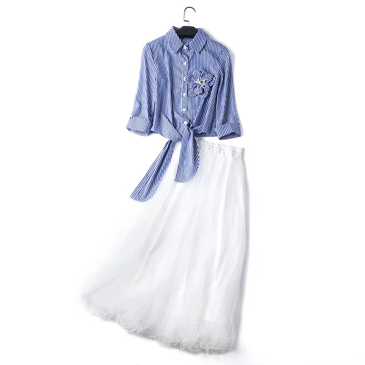 

European station 2018 new summer women lady striped pinned bead shirt +lace skirt casual fashion two-piece suit clothes set