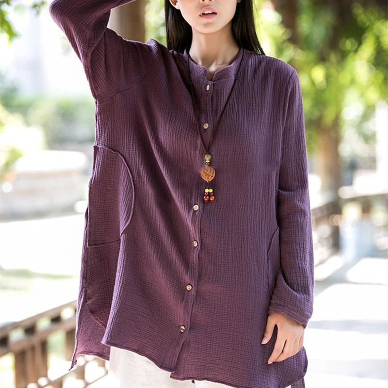 

Spring Summer Soft Breathable Double Layer Cotton Linen Cardigan Coat Women's Long Sleeve Loose Button O-neck Jacket Outerwear