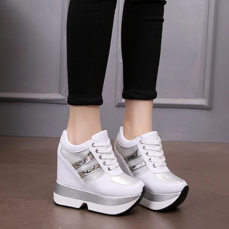 

High Platform Boots 12CM High Heel Women Thick Sole Shoes Leather Wedge Sneakers Waterproof Breathable Casual Shoes QDD-184