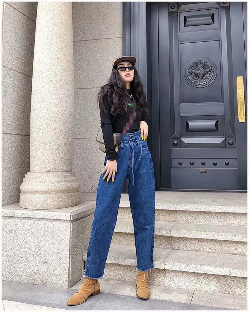 YNZZU, корейский стиль,, весенние повседневные джинсы для женщин, с высокой талией, со шнуровкой, свободные, широкие брюки, женские синие джинсы, Femme YB296
