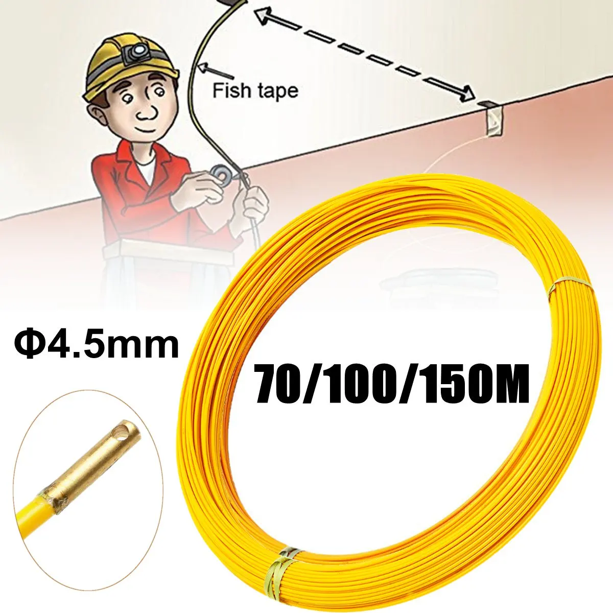 Стекловолокно 70 м/100 м/150 м кабельный Съемник протяжная проволока катушка трубопровод воздуховод роддер тяга Съемник направляющий экстрактор желтый 4,5 мм
