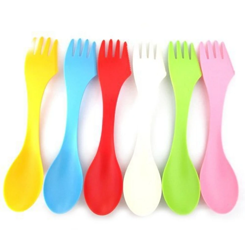 1 sets(6pcs=1set) 3 In 1 Outdoor Camp Tableware Heat Resistant Spoon Fork Knife Camping Hiking Utensils Spork Combo Travel