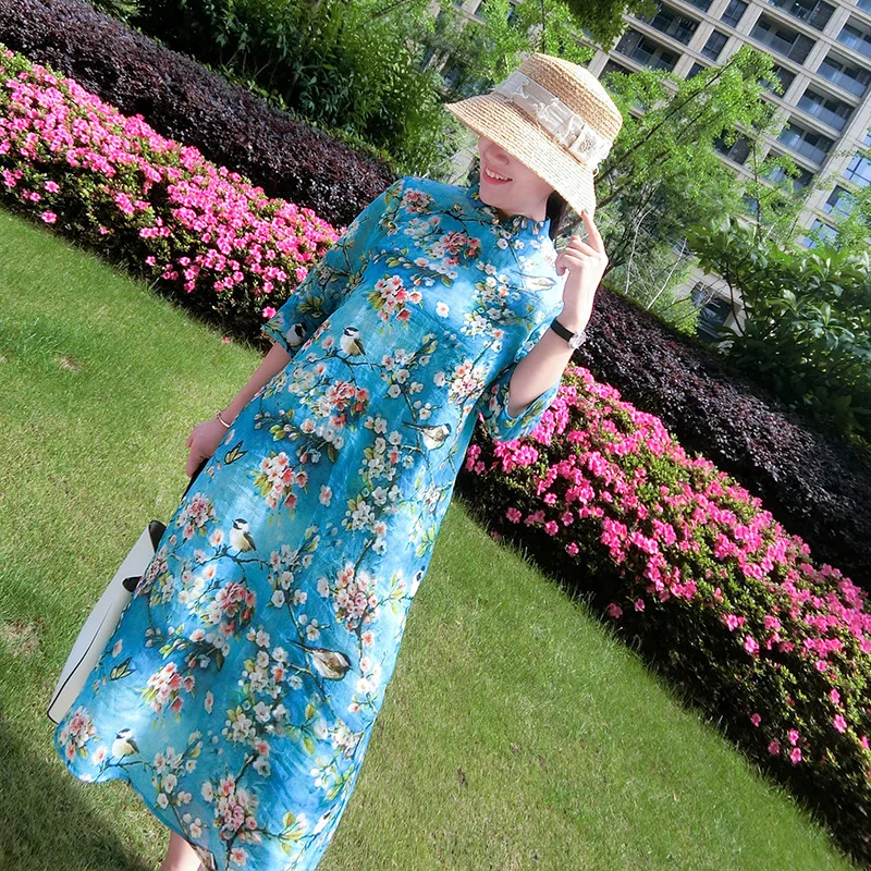 

2019 Spring/summer New Women's Dress High End Large Size Printed Chinese Style Cotton Linen Comfortable Dresses Long Dress