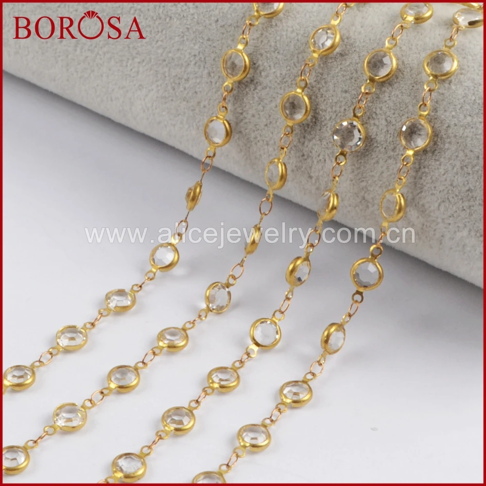 

BOROSA Gold Color 7mm White Crystal Druzy Crystal Faceted Coin Rosary Chains for Necklace Drusy Chains Jewelry Finding JT197