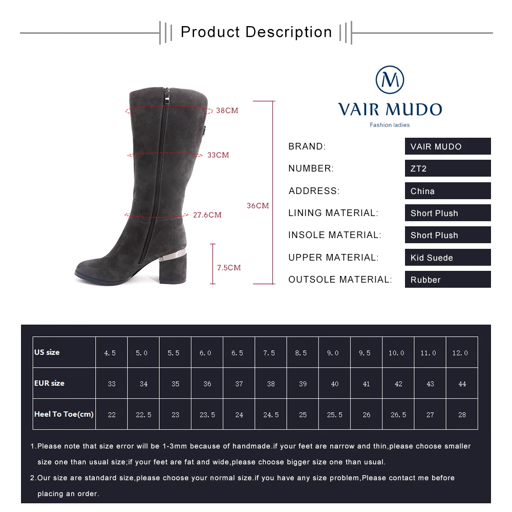 VAIR MUDO/женские зимние сапоги до колена высококачественные модные офисные женские сапоги ручной работы с круглым носком из натуральной кожи на высоком каблуке; ZT2