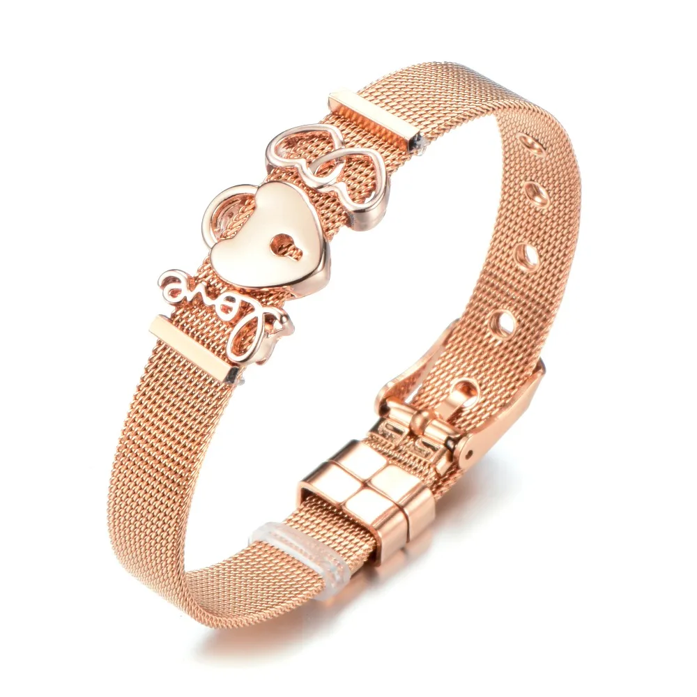 

Hot Sale Fashion Jewelry Silver Stainless Steel Mesh Charms Bracelet Set with Love Heart Lock DIY Brand Bracelet For Women