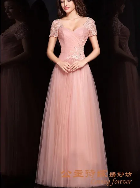 

free shipping salomon 2014 new fashion backless short sleeve vestido de festa pink long appliques Formal gown evening Dresses
