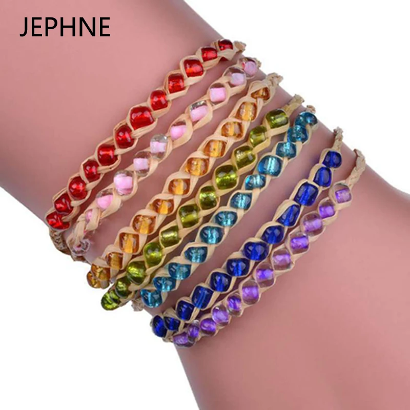 

JEPHNE Fashion 5PCs Braided Rainbrow 12 Beads Raffia Bracelets Woven Friendship Love Lucky Grass Crystal Charm Bracelet Anklet