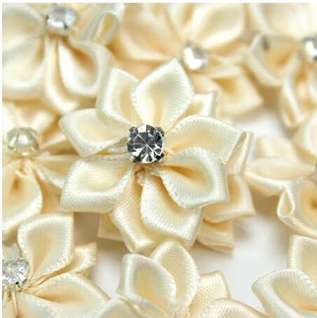 

40pcs Pink/White/Off-White handmade small satin rhinestone fabric flowers for craft wedding appliques garment accessories
