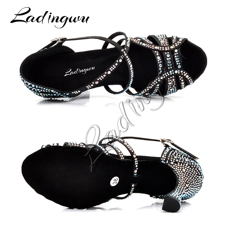 Ladingwu Latin Dance Shoes Women New Silk satin Black Salsa Rhinestone Shoes Dance For Woman Ballroom Dancing Shoes heel 5-10cm