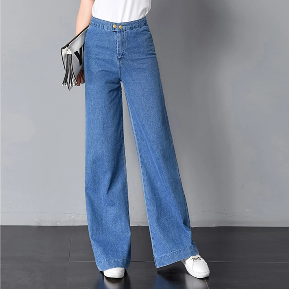 2019 New Women Vintage Jeans High Waist Two Buttons Wide