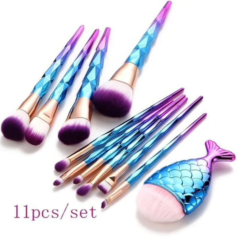 

11PCS Fony Make Up Brushes Foundation Eyebrow Eyeliner Blush Cosmetic Concealer Brushes Mermaid Makeup Brushes pincel sereia