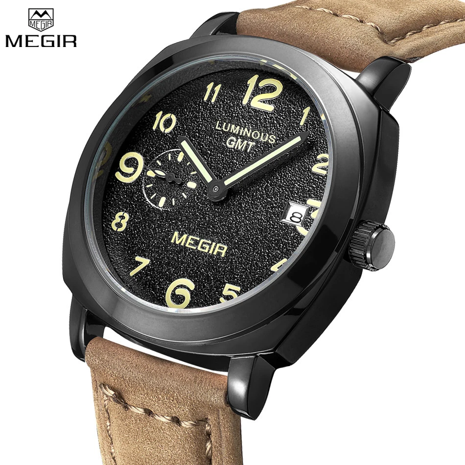 MEGIR Famous Brand Fashion Men Sports Watches Quartz Brown Strap Black Dial Waterproof Wristwatch Male Relogio
