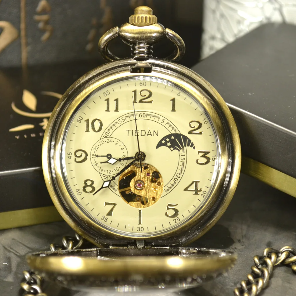 Luxo Skeleton Bronze Retro Relógio de Bolso Antigo Esqueleto Mecânica Pocket Ver Colar Cadeia Homens de Negócios & Fob Relógios - Image 4