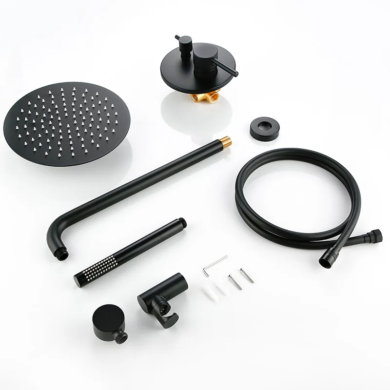 Sold Brass Matte Black Round Shower Set 8/10/12 Inch Head Straight Wall Arm Set With Mixer Taps Alba Black Bathroom Bath Faucet