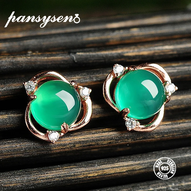 

PANSYSEN Luxury Green Chalcedony Stud Earrings Real 100% 925 Sterling Silver Fashion Women Earring Party Fine Jewelry Wholesale